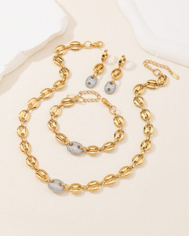 18k Gold Coffee Beans Chain Choker Bracelet Set