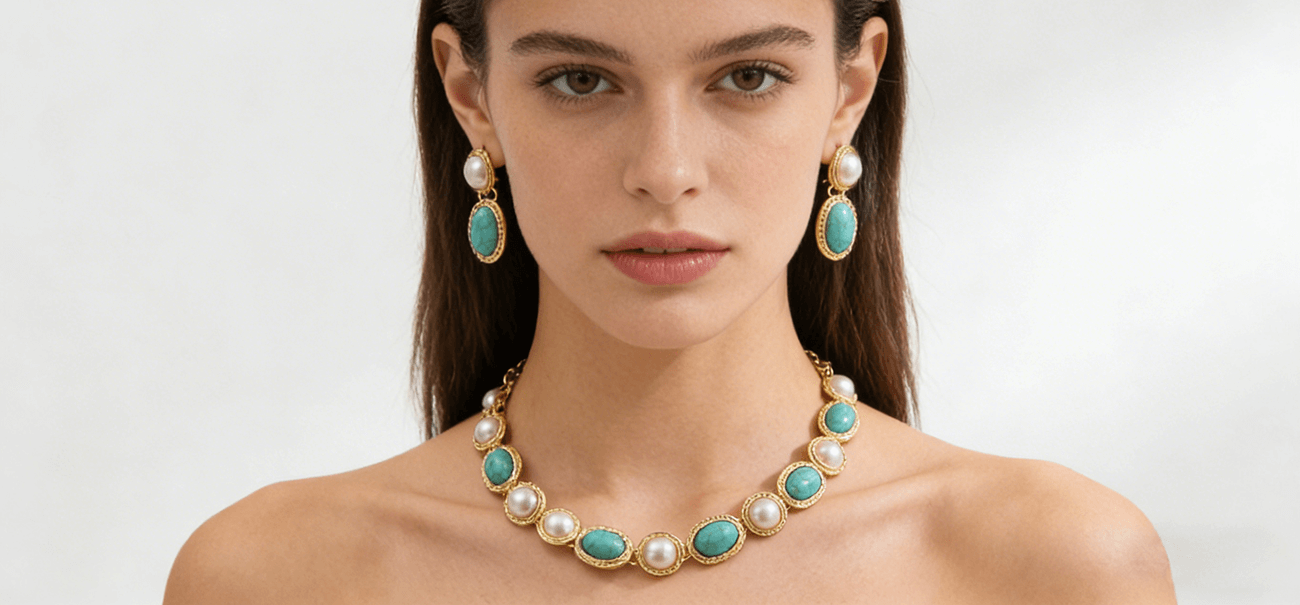 1920s Faux Turquoise Pearls Choker Earrings Jewelry Set 1