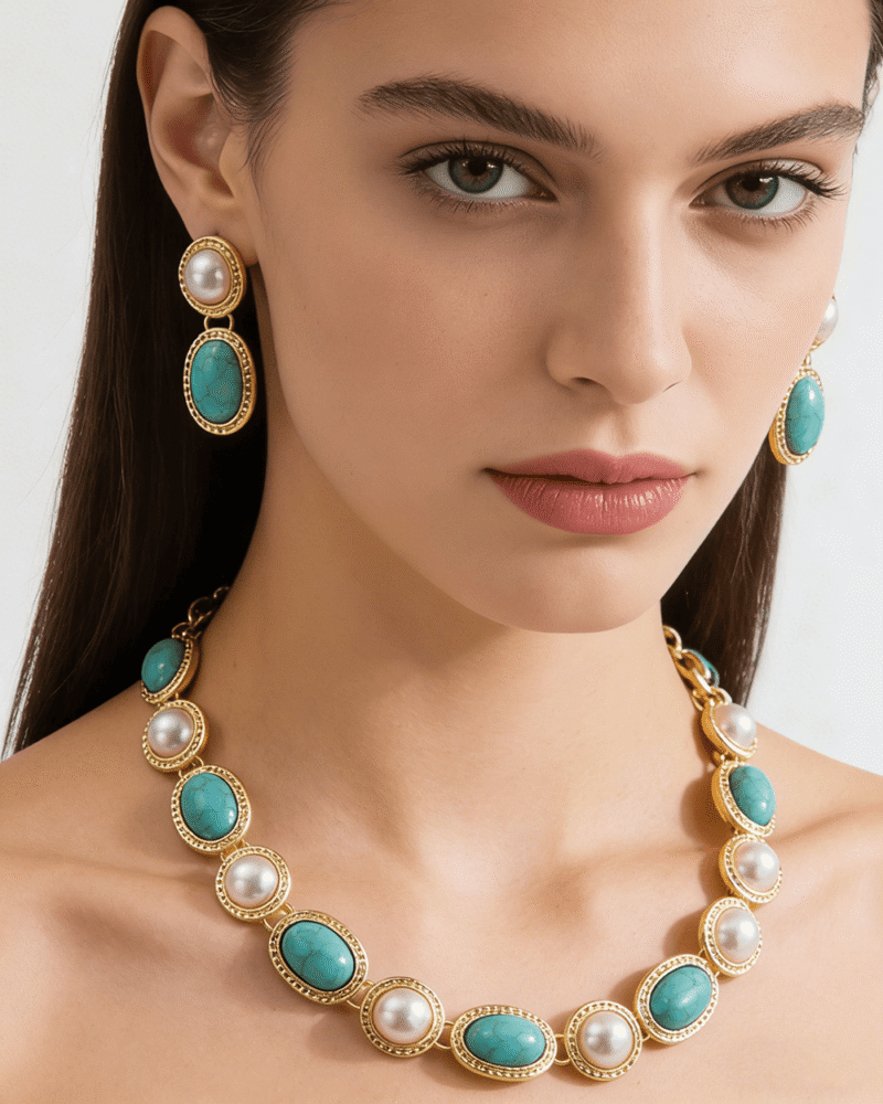 Alternative view of 1920s Faux Turquoise Pearls Choker Earrings Jewelry Set