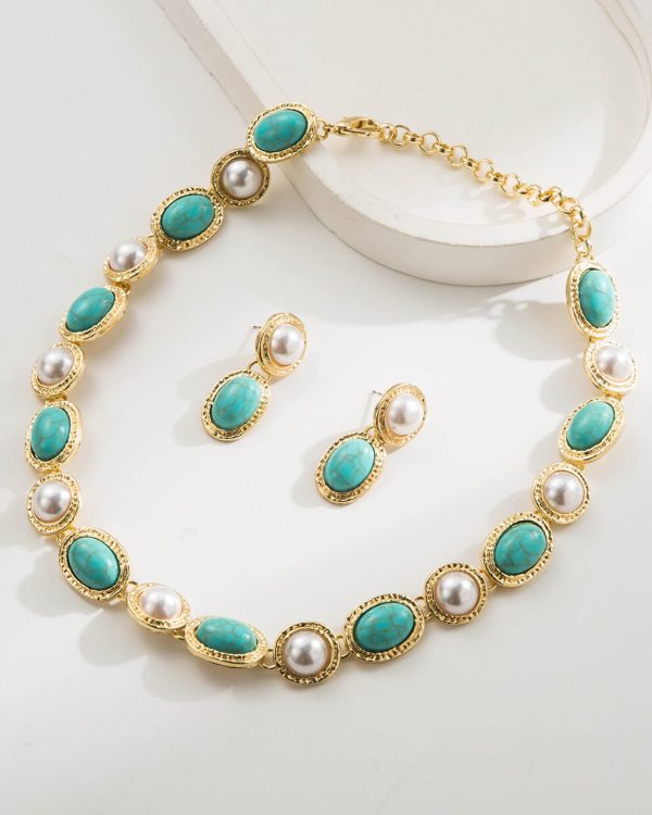 1920s Faux Turquoise Pearls Choker Earrings Jewelry Set