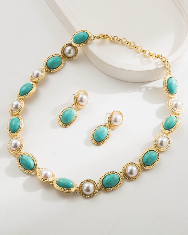 1920s Faux Turquoise Pearls Choker Earrings Jewelry Set