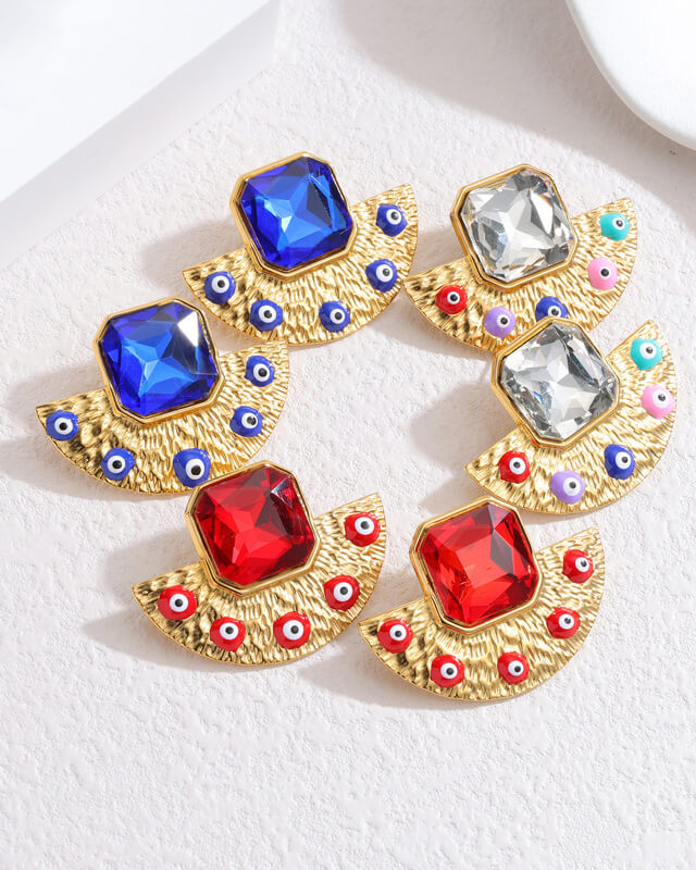 Bold Retro Fan-shaped Evil Eye Earrings 18K Gold Jewelry