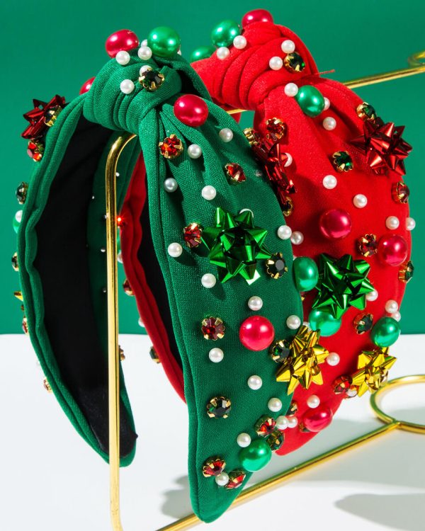 Christmas Knotted Headband Red Green Beaded Top Festive Gifts