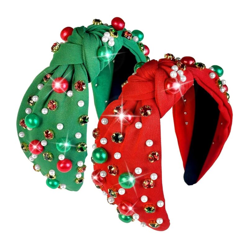 Christmas Knotted Headband Red Green Beaded Top Festive Gifts 4