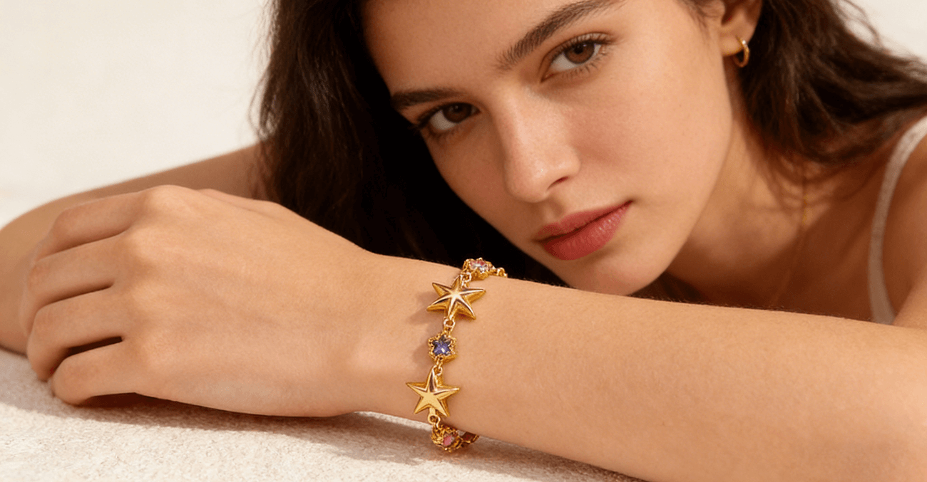 Dainty Sparkly Colorful Starfish Charm Bracelet 18K Gold 1