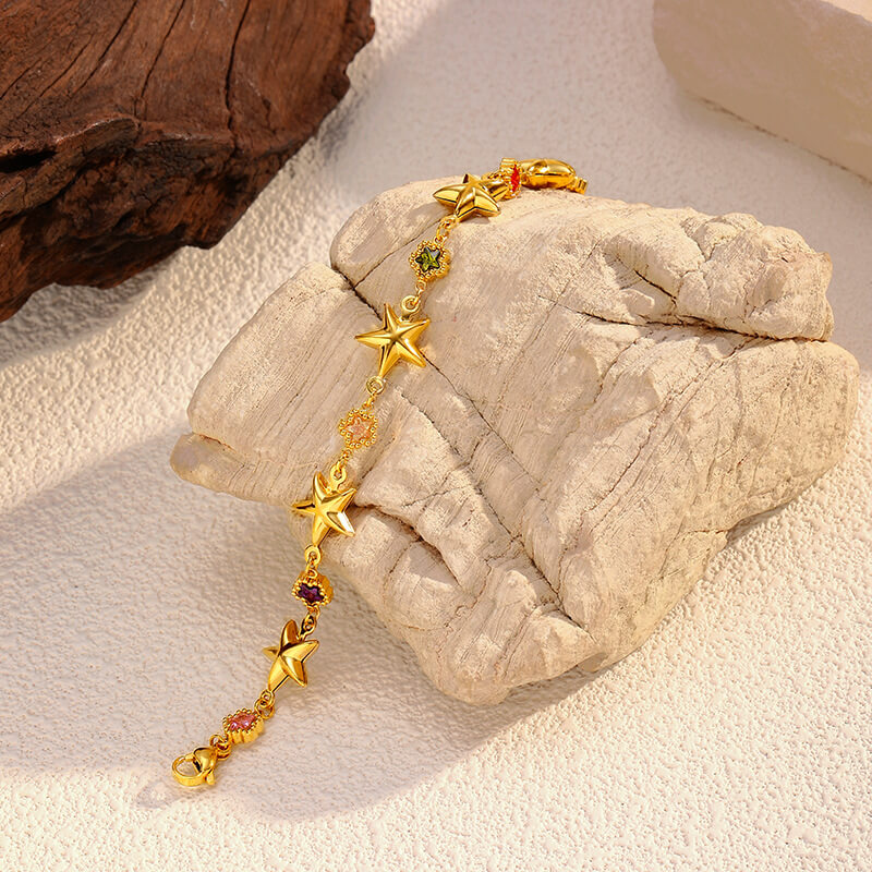 Dainty Sparkly Colorful Starfish Charm Bracelet 18K Gold 6