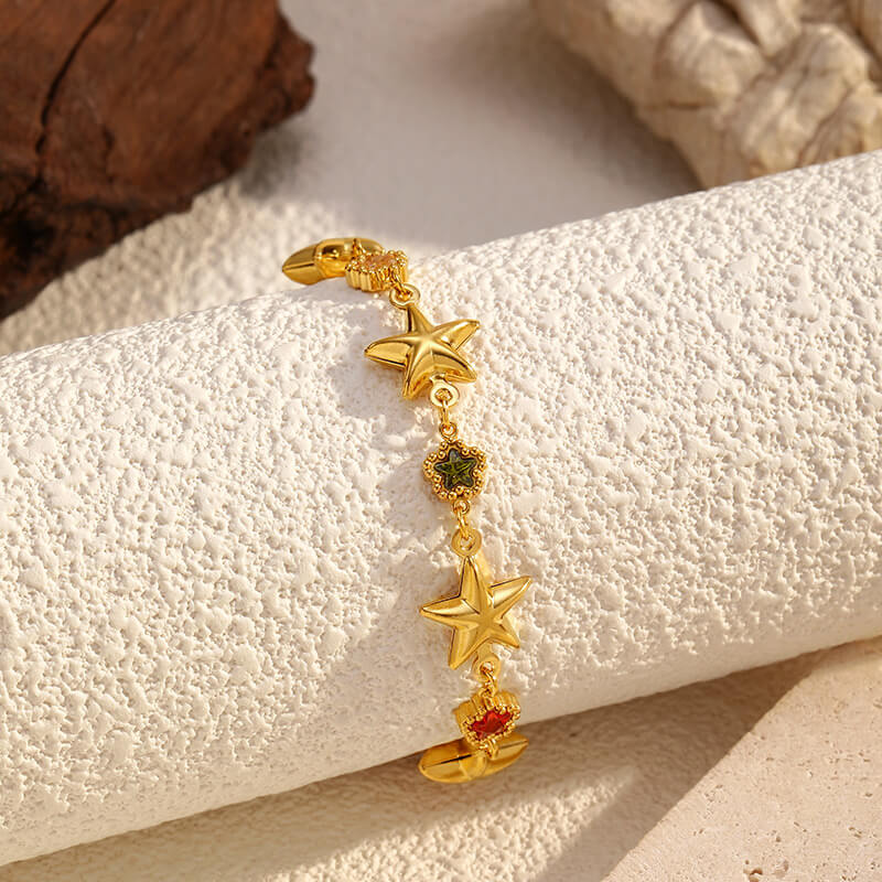 Dainty Sparkly Colorful Starfish Charm Bracelet 18K Gold 7