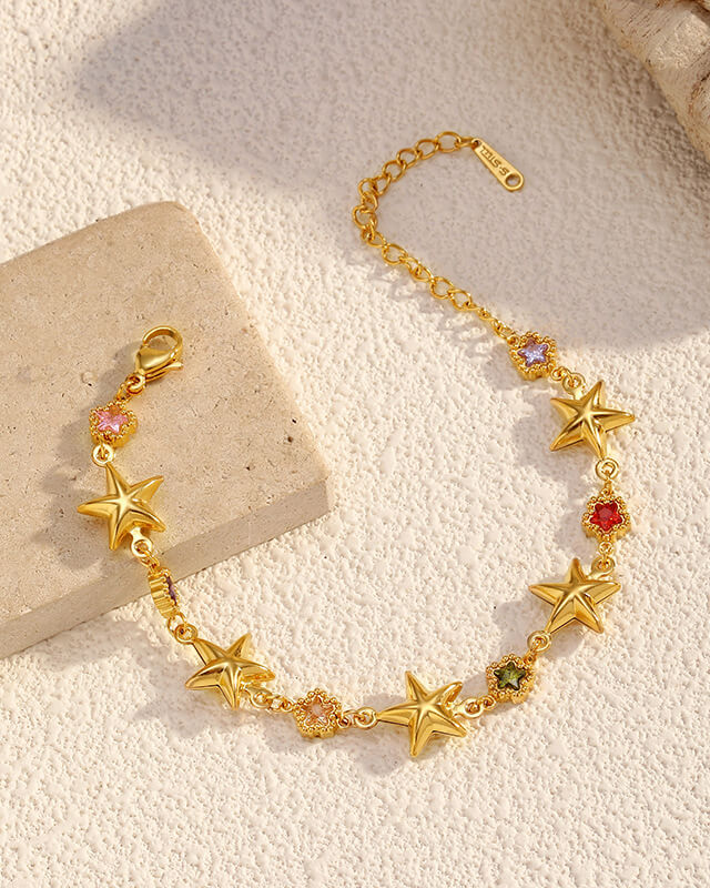 Dainty Sparkly Colorful Starfish Charm Bracelet 18K Gold