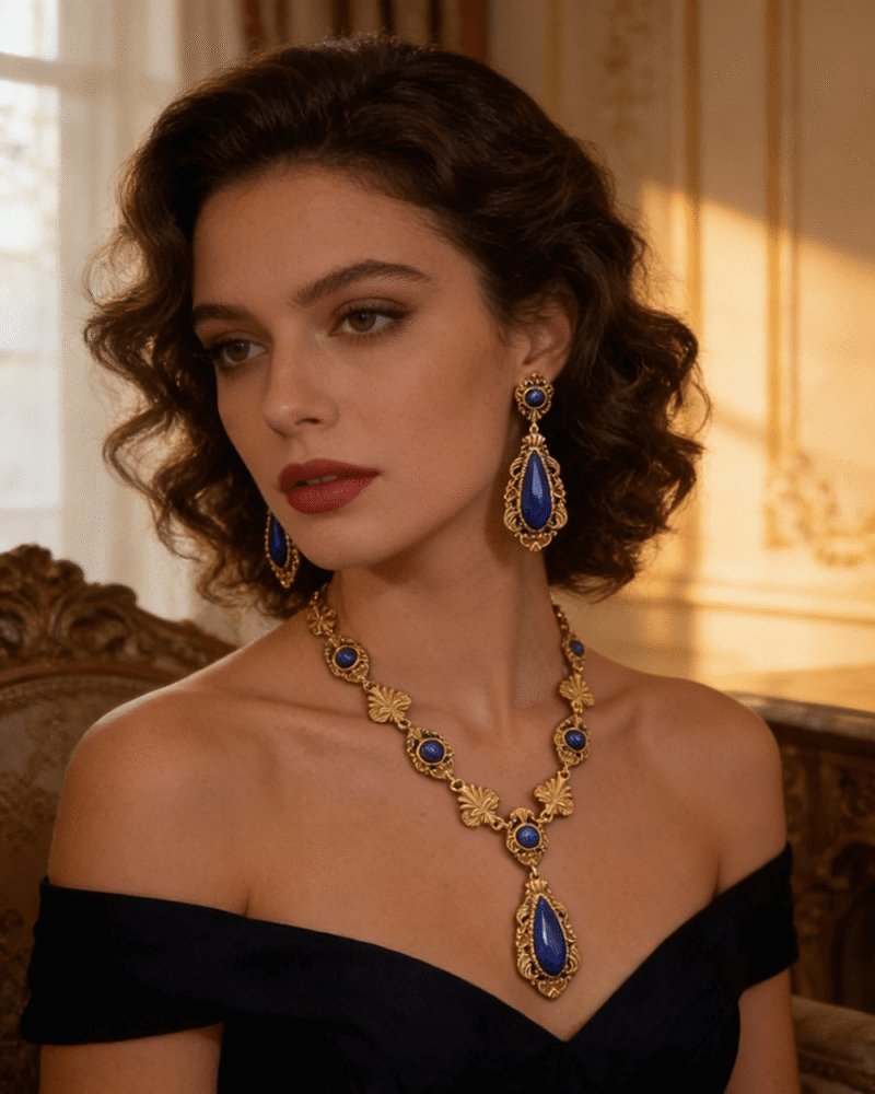Alternative view of Retro Bridal Necklace Earrings Lapis lazuli Crystal Jewelry Set