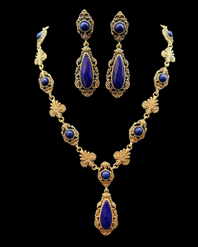 Retro Bridal Necklace Earrings Lapis lazuli Crystal Jewelry Set
