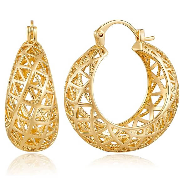 Gold Filigree Vintage Thick Chunky Hoop Openwork Earrings 10