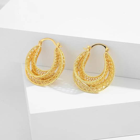 Gold Filigree Vintage Thick Chunky Hoop Openwork Earrings 2