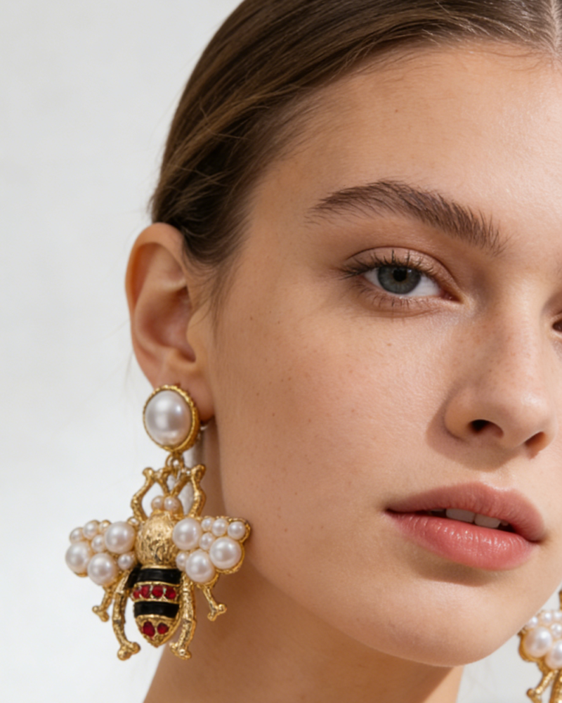 Alternative view of Gold Plated Evil Eye Pearl Bee Dangle Earrings Gift for Holiday