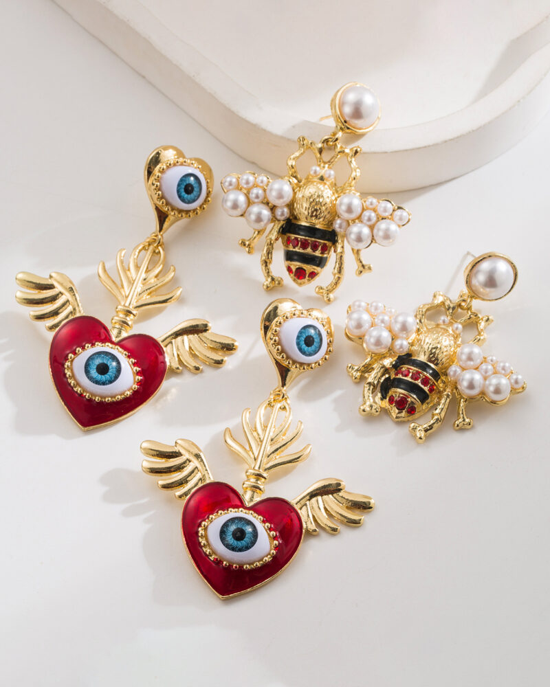 Gold Plated Evil Eye Pearl Bee Dangle Earrings Gift for Holiday