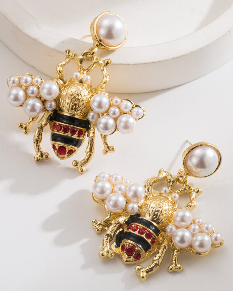 Gold Plated Evil Eye Pearl Bee Dangle Earrings Gift for Holiday 4