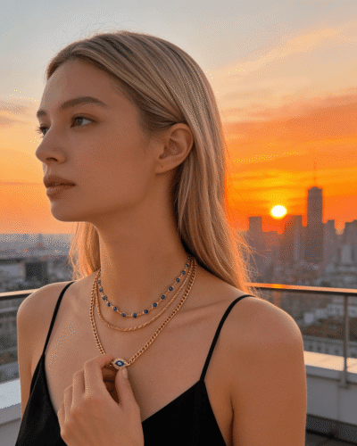 Alternative view of Layered Stacking Evil Eye Cuban Chain Necklace