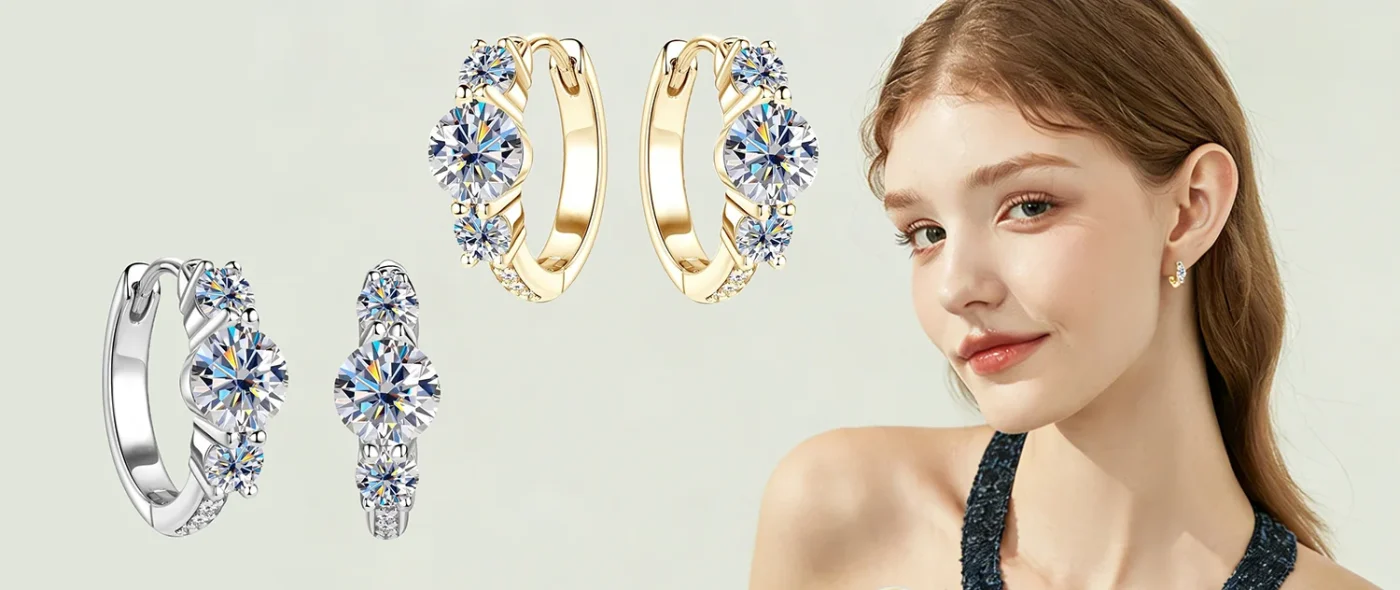 3 Stone Moissanite Hoop Earrings 1 1