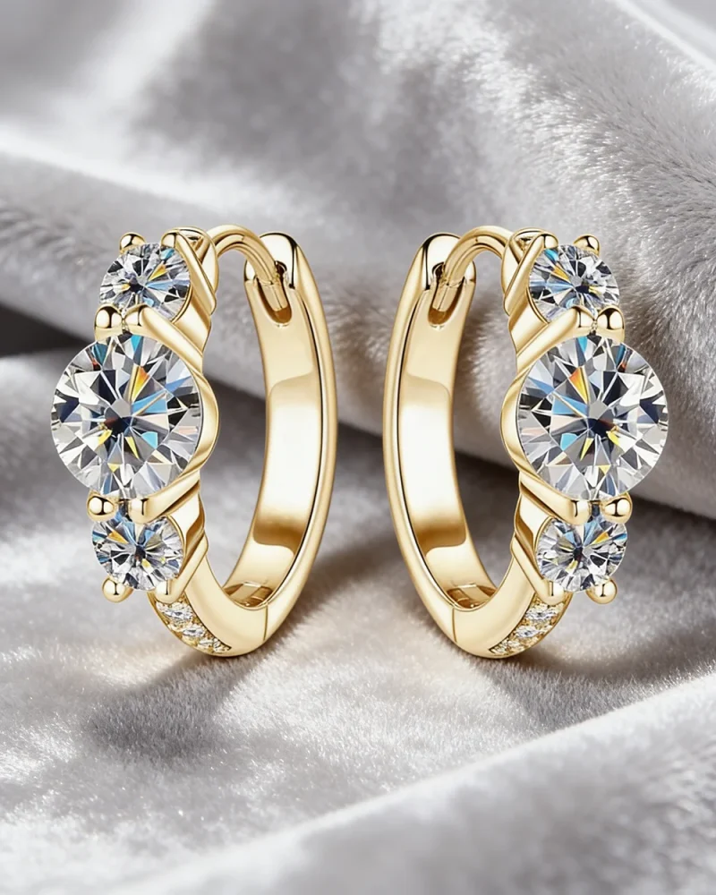 3 Stone Moissanite Hoop Earrings Birthday Gift