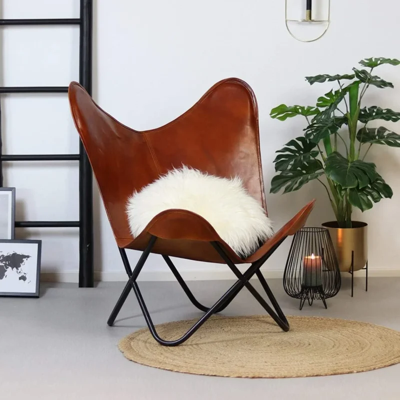 Classy Tan Leather Butterfly Chair Living Room 16