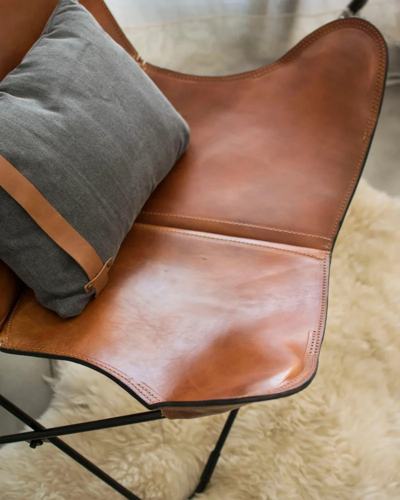 Classy Tan Leather Butterfly Chair Living Room 19