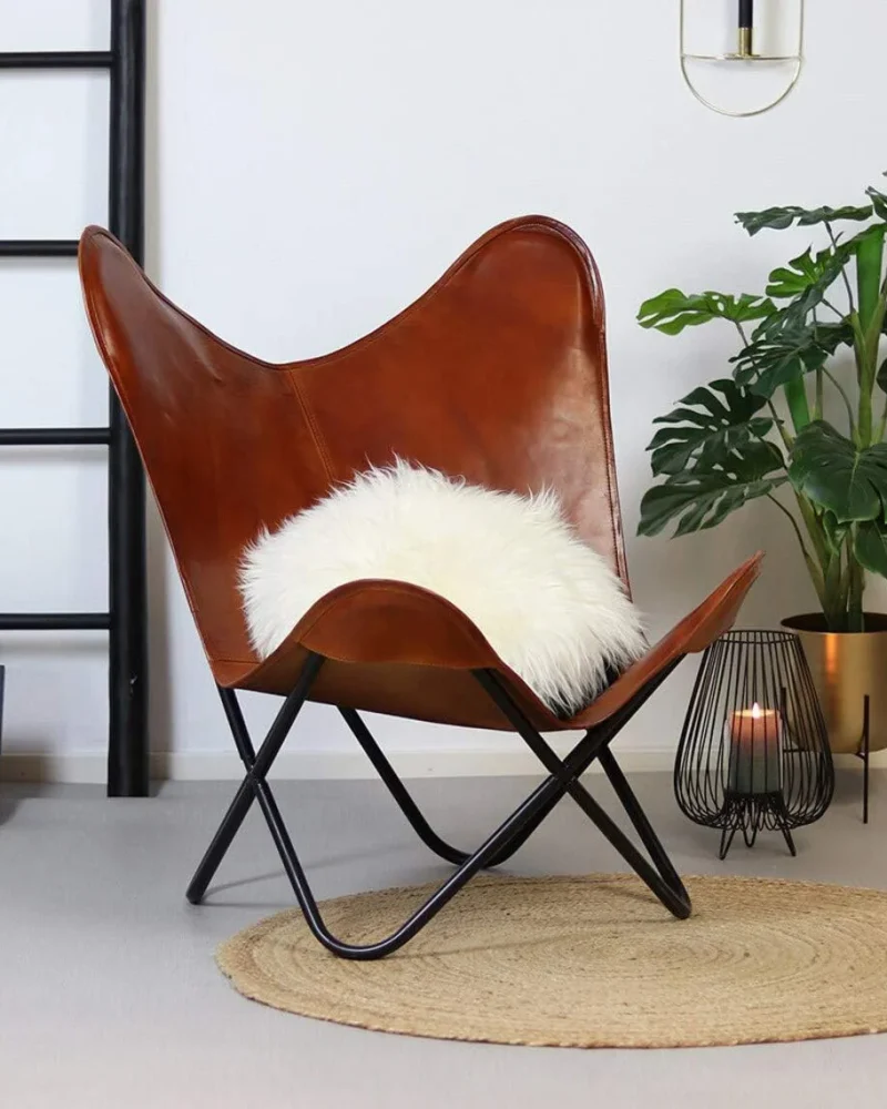 Classy Tan Leather Butterfly Chair Living Room
