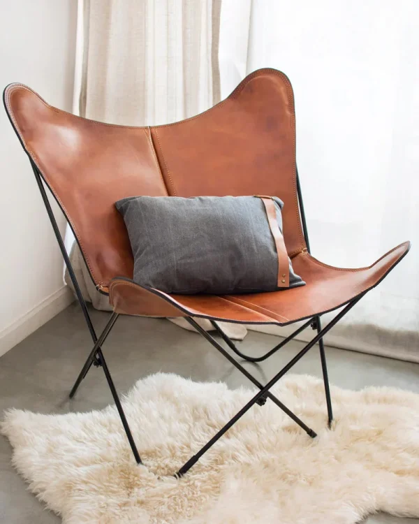 Classy Tan Leather Butterfly Chair Living Room 20