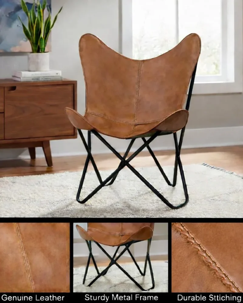 Classy Tan Leather Butterfly Chair Living Room 3