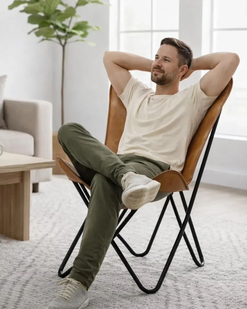 Classy Tan Leather Butterfly Chair Living Room 4