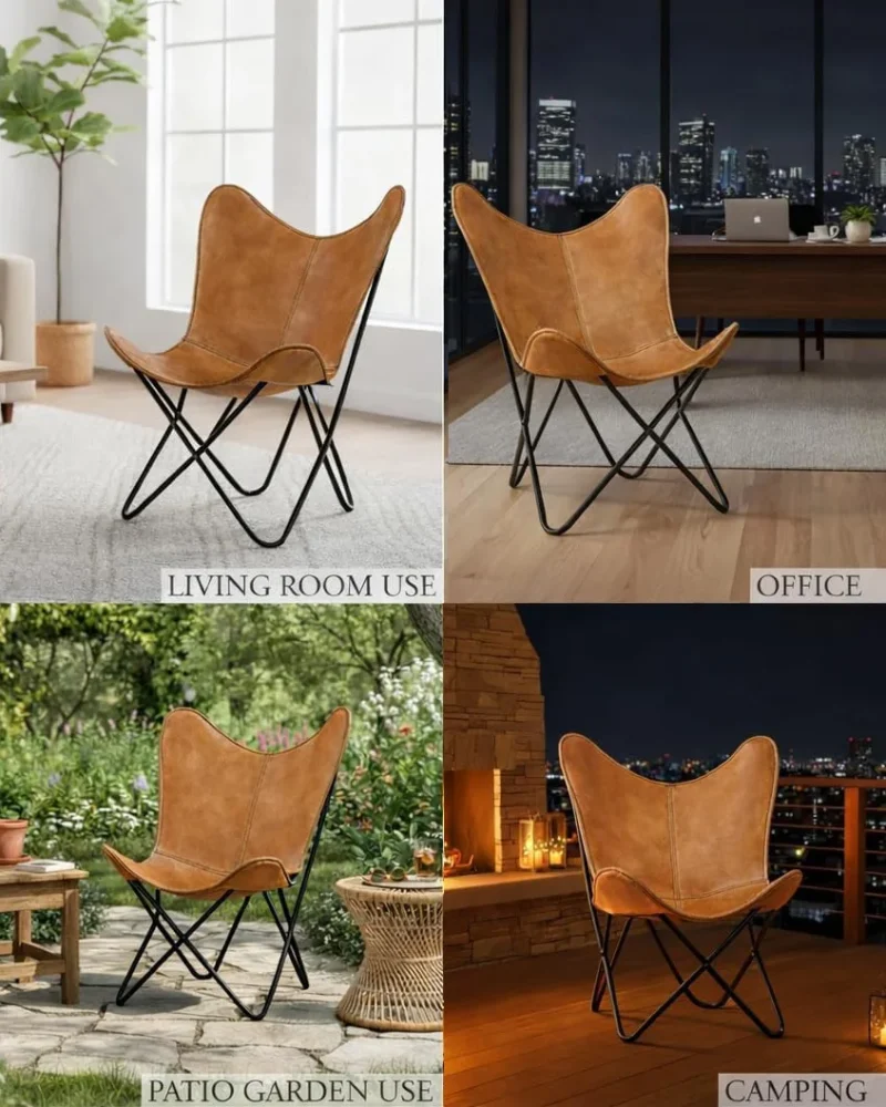 Classy Tan Leather Butterfly Chair Living Room 5