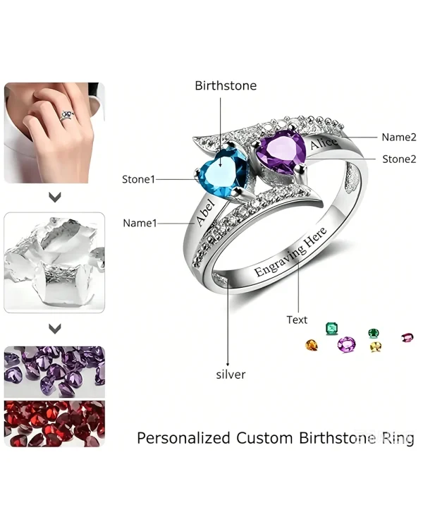 Personalized Name Birthstones Ring 2 3