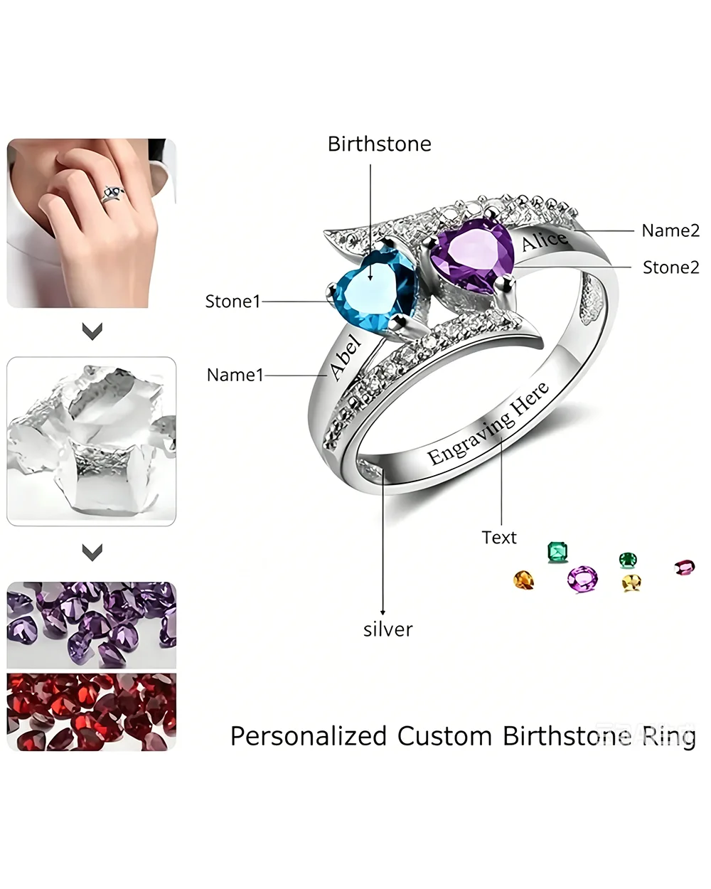 Personalized Name Birthstones Ring 925 Sterling Silver - Image 5