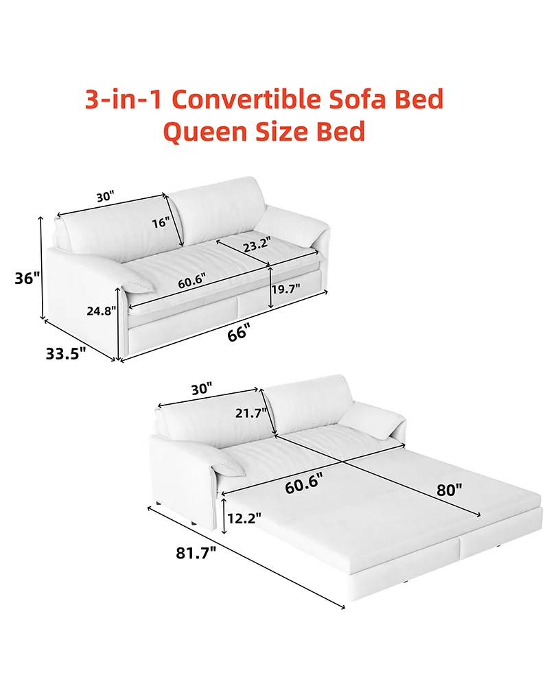3-in-1 Convertible Sleeper Sofa Bed 66" Velvet Loveseat Bed - Image 9