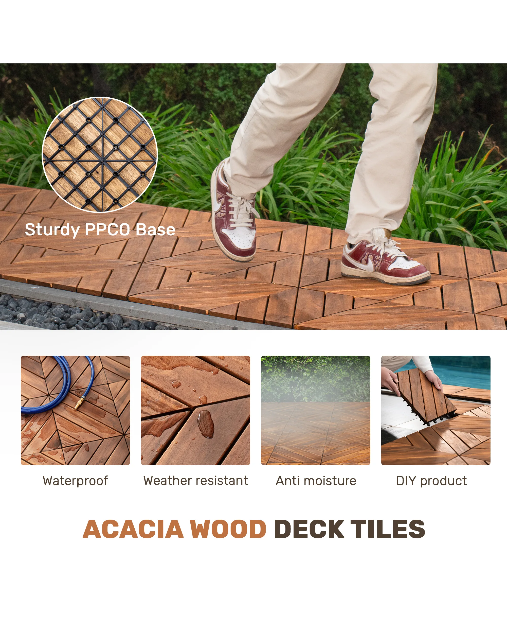 12" x 12" Acacia Wood Interlocking Deck Tiles For Patio - Image 4