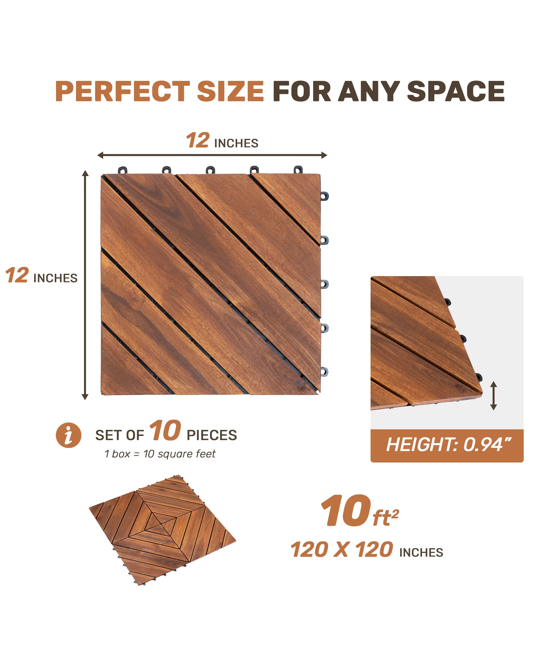 12" x 12" Acacia Wood Interlocking Deck Tiles For Patio - Image 8