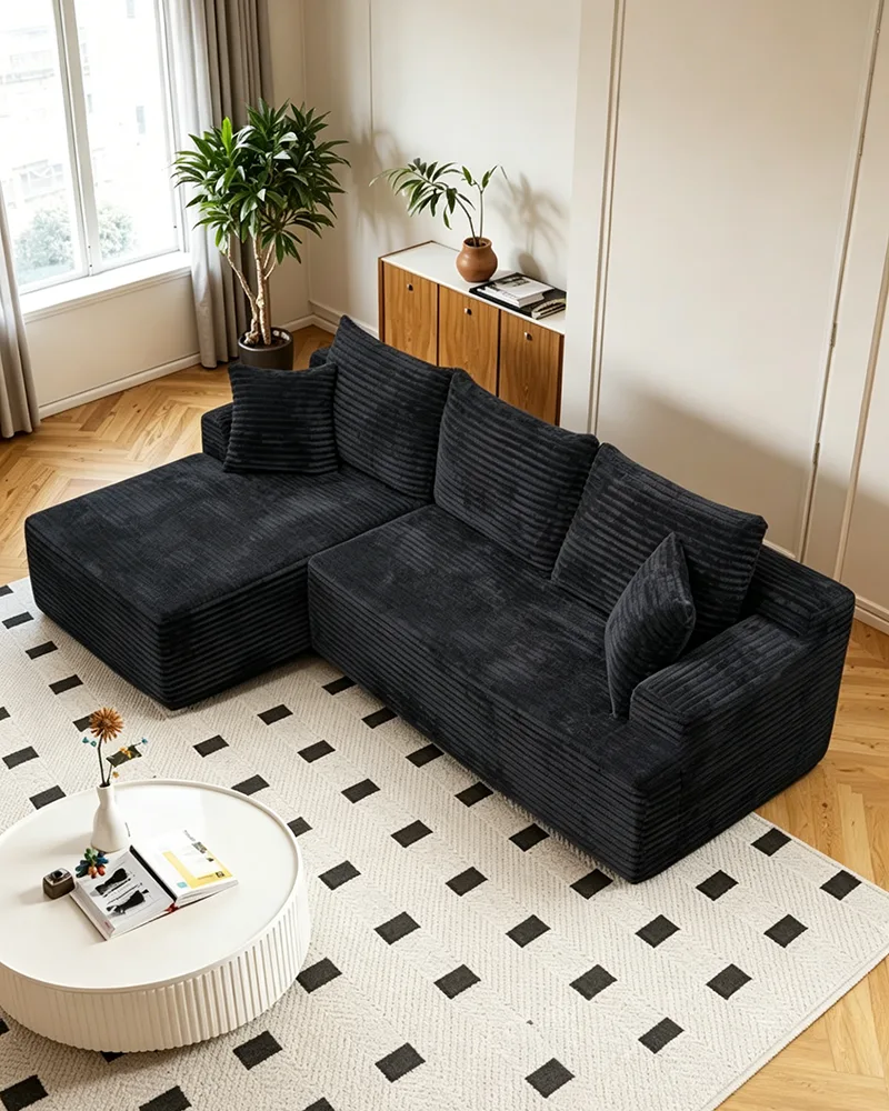 96" Corduroy Boneless Black Cloud Sectional Sofa Couch