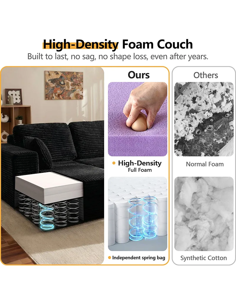 96" Corduroy Boneless Black Cloud Sectional Sofa Couch - Image 4