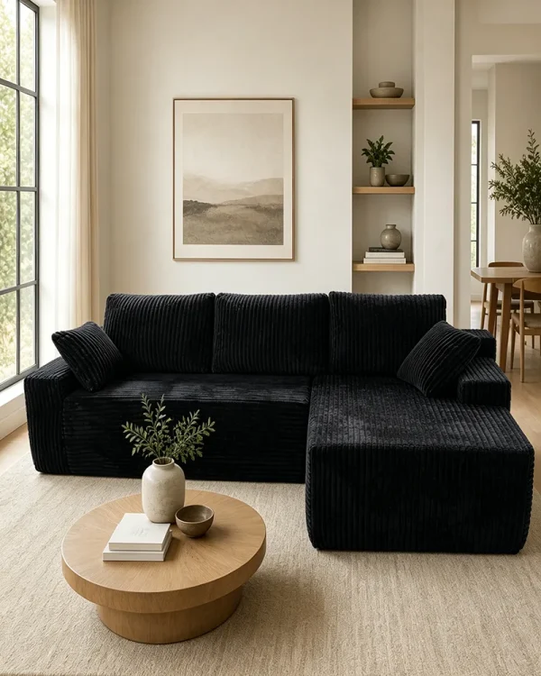Alternative view of 96" Corduroy Boneless Black Cloud Sectional Sofa Couch