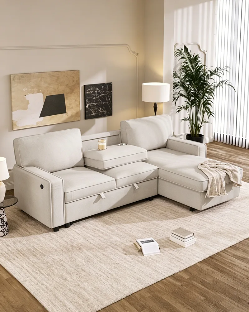 L Shaped Modular Sectional Sleeper Sofa with Pull Out Bed
