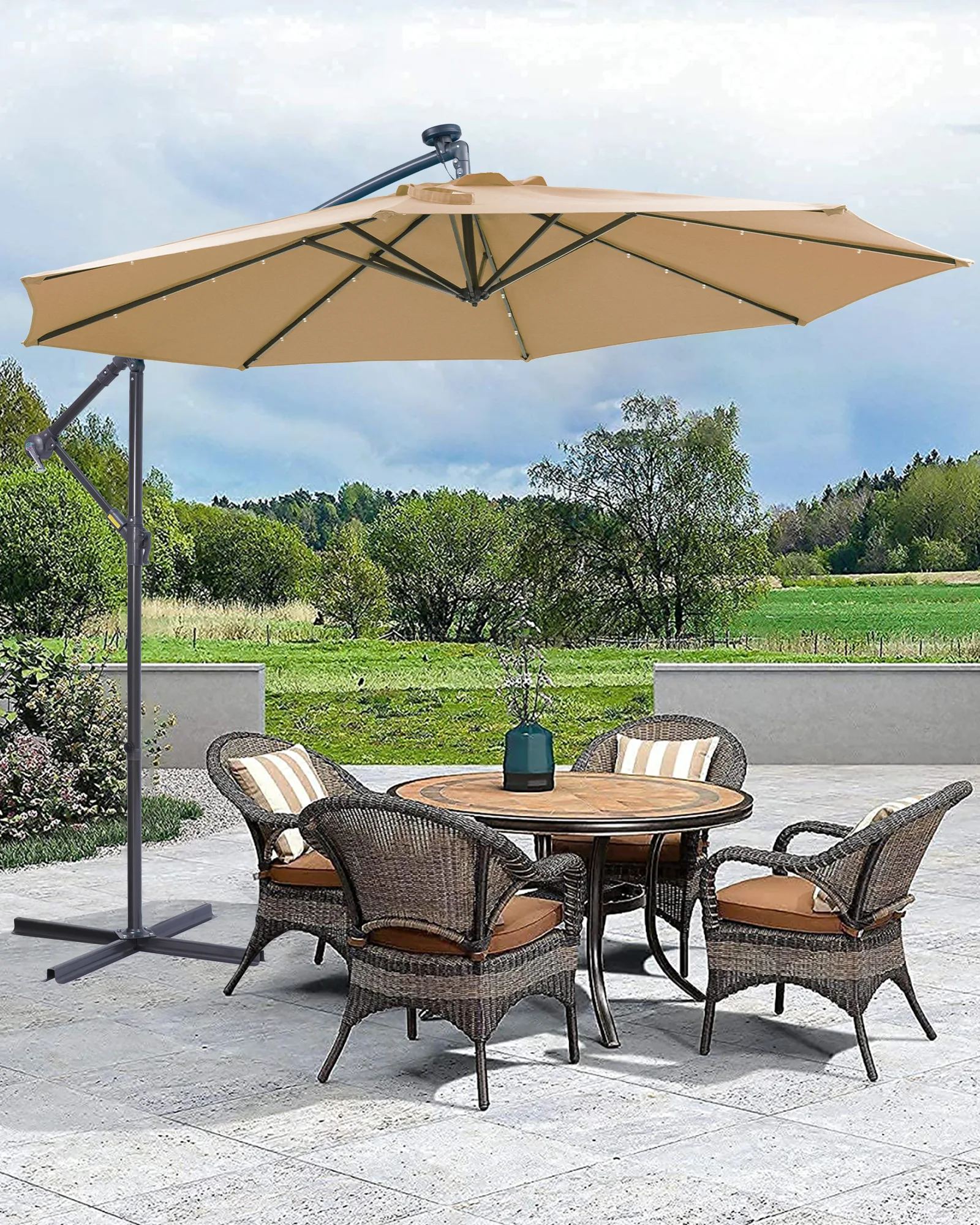 10FT Outdoor Cantilever Offset Patio Umbrella with Solar LED