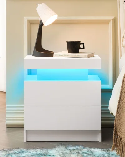 Bedside Table Cabinet with 2 Drawers LED Nightstands - Image 11
