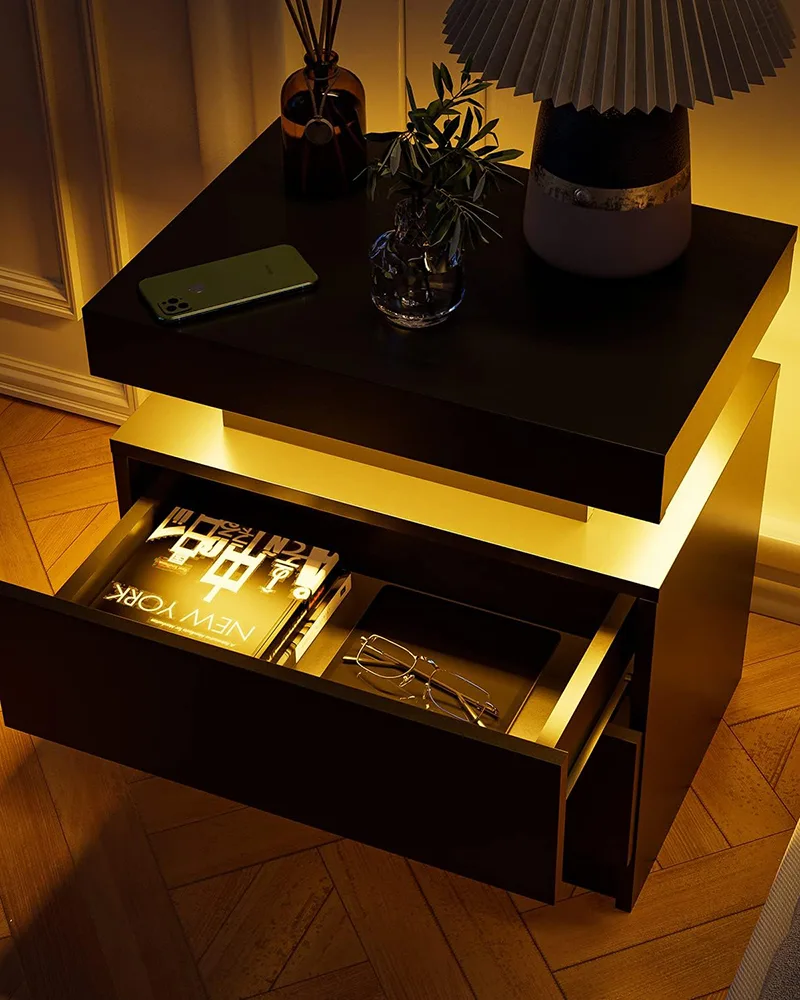 Bedside Table Cabinet with 2 Drawers LED Nightstands - Image 3