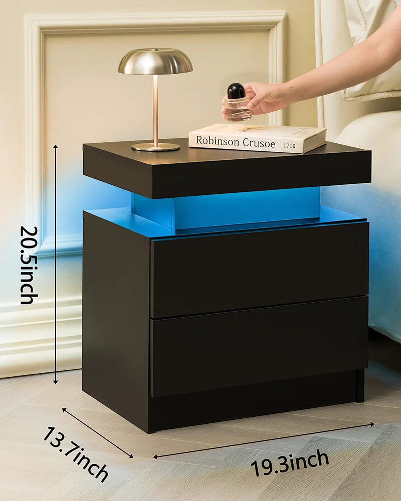 Bedside Table Cabinet with 2 Drawers LED Nightstands - Image 6