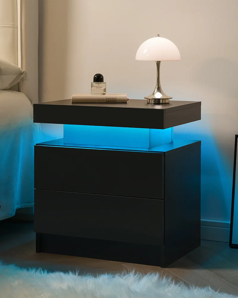 Bedside Table Cabinet with 2 Drawers LED Nightstands