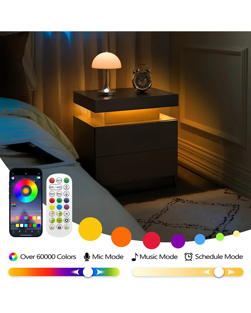 Bedside Table Cabinet with 2 Drawers LED Nightstands - Image 8