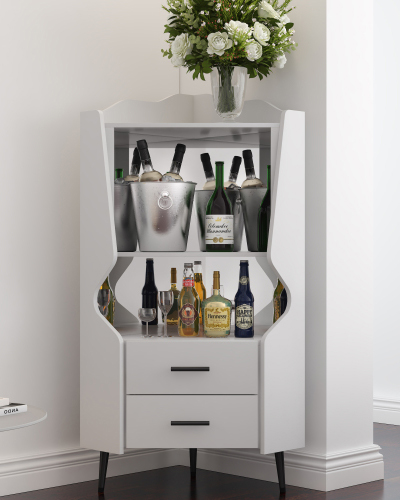 Mirrored Back Wooden Corner Bar Cabinet With Storage Shelves - Image 7