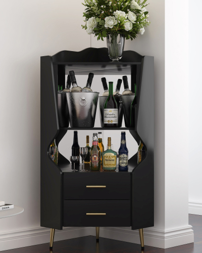 Mirrored Back Wooden Corner Bar Cabinet With Storage Shelves - Image 8
