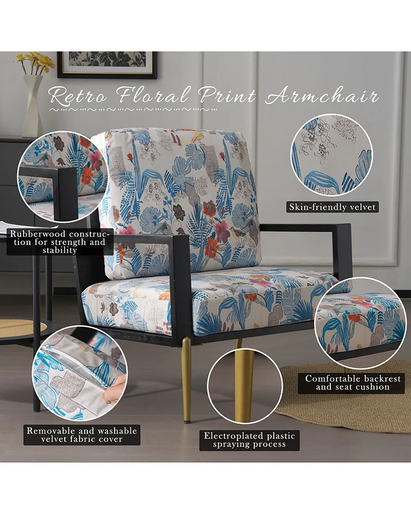 Velvet Lounge Arm Chair Floral Accent Chair Wood Frame - Image 4