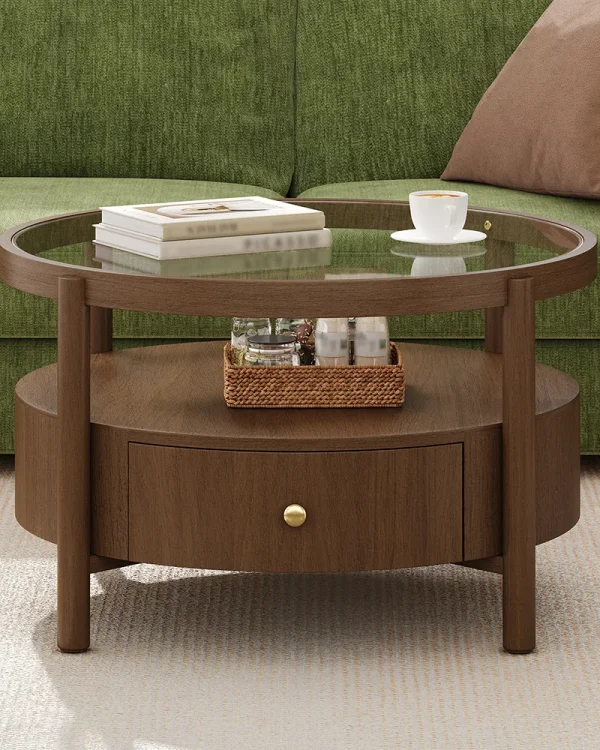 Alternative view of Mid Century 2-Tier Glass Top Round Coffee Table with Storage Drawer