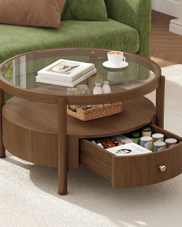 Mid Century 2-Tier Glass Top Round Coffee Table with Storage Drawer
