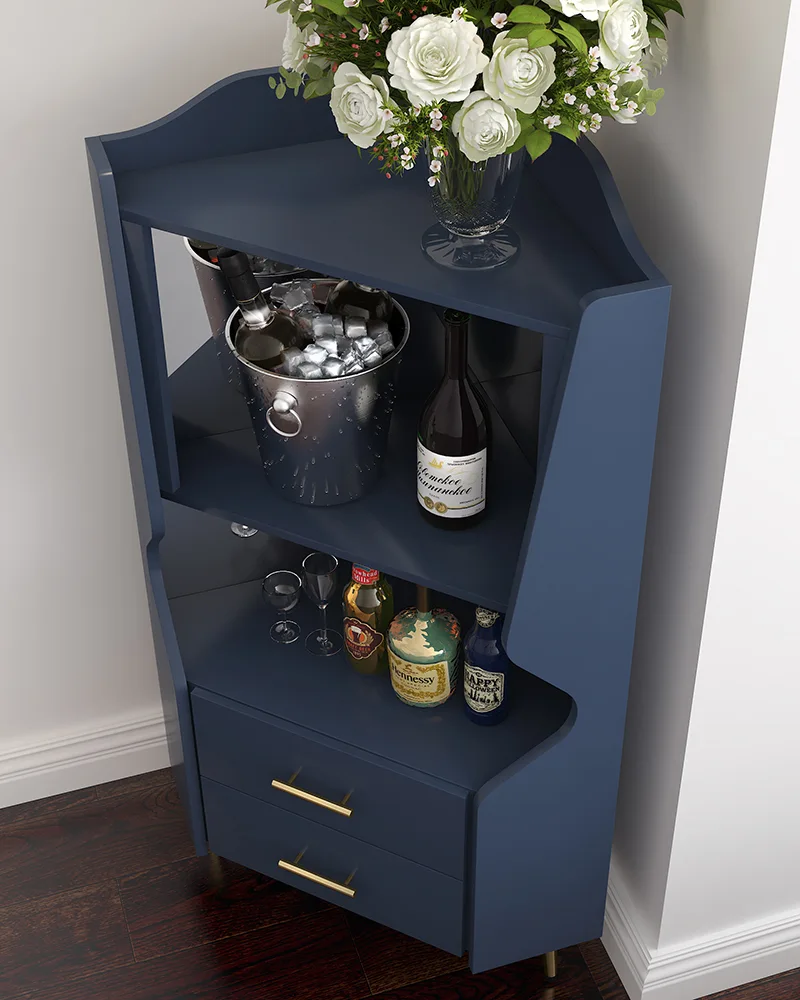 Mirrored Back Wooden Corner Bar Cabinet With Storage Shelves - Image 6